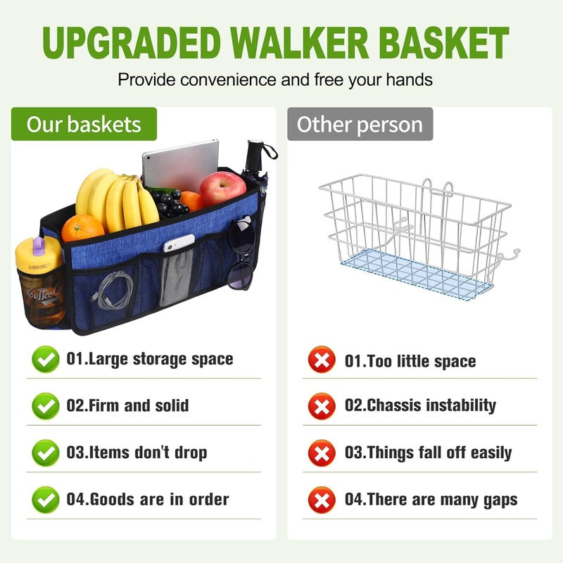 CTWWFS Upgrade Walker Basket with Cup Holder, Foldable Walker Storage Bag for seniors with Big Capacity & Never Tipping Over, Best Gift for Family (Blue) - Image 4